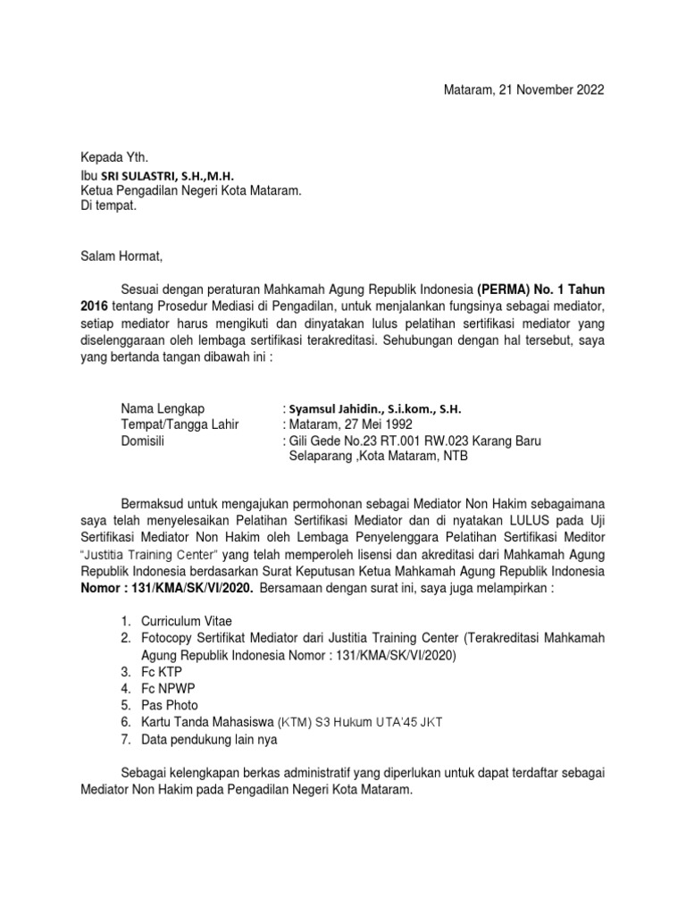 Surat Permohonan Mediator - Pengadilan Negeri Kota Mataram (Syamsul