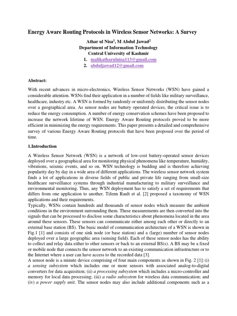 Energy Aware Routing in WSNs: A Survey | PDF | Wireless Sensor Network ...