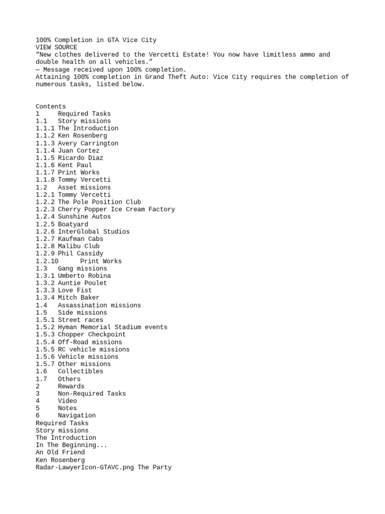 Vice City 100% Completion - Main Info | PDF
