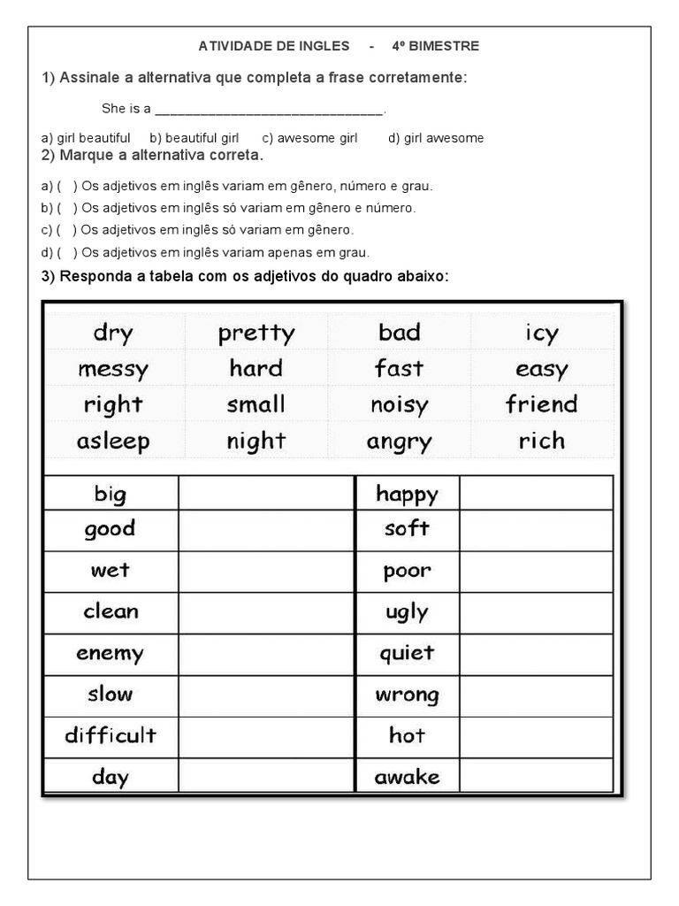 Exercicios De Adjetivos Em Ingles Adjectives | Aulas De Inglês,