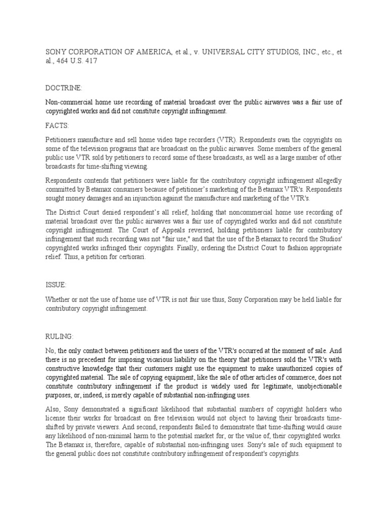 Sony Corporation v. Universal City Studios Molina PDF Fair Use