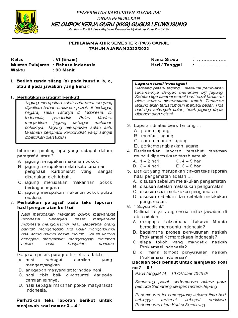 40 Soal PAS Bahasa Indonesia Kelas 6 2025, Jawaban Lengkap Semester 1