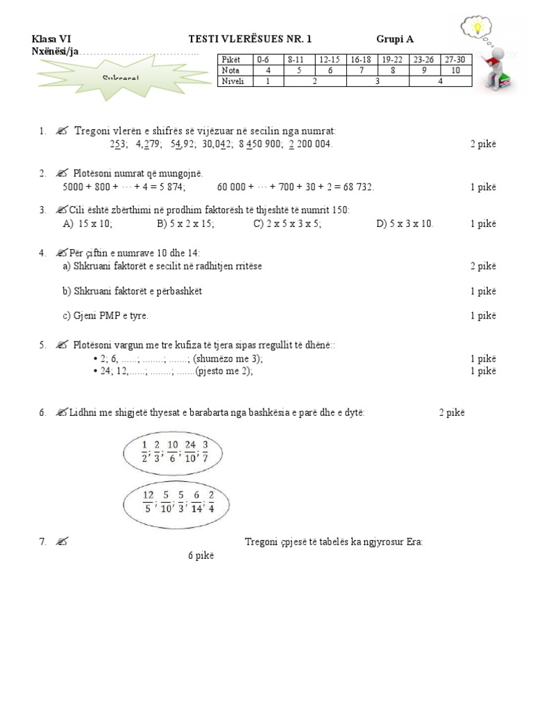 Mateamtika 6 - Test 1 Vleresues | PDF