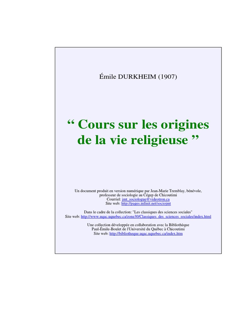 Origines de la vie religieuse | PDF | Émile Durkheim | Âme