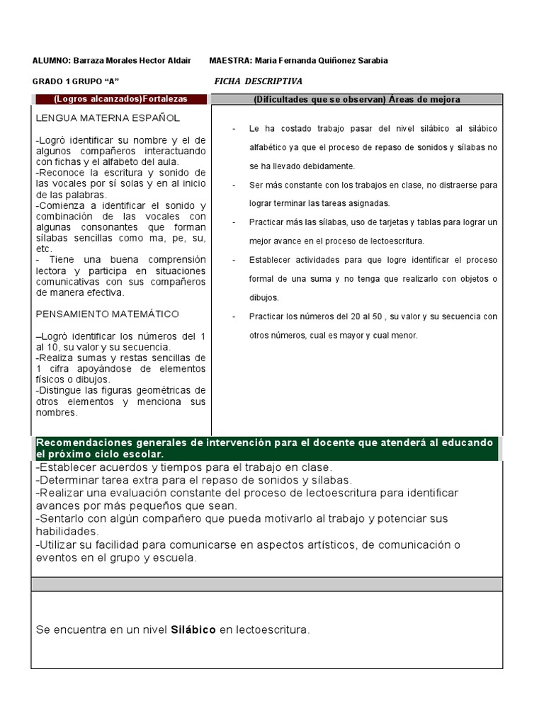 Ficha Descriptiva 5a Aa Lectura Proceso Comprensin Lectora