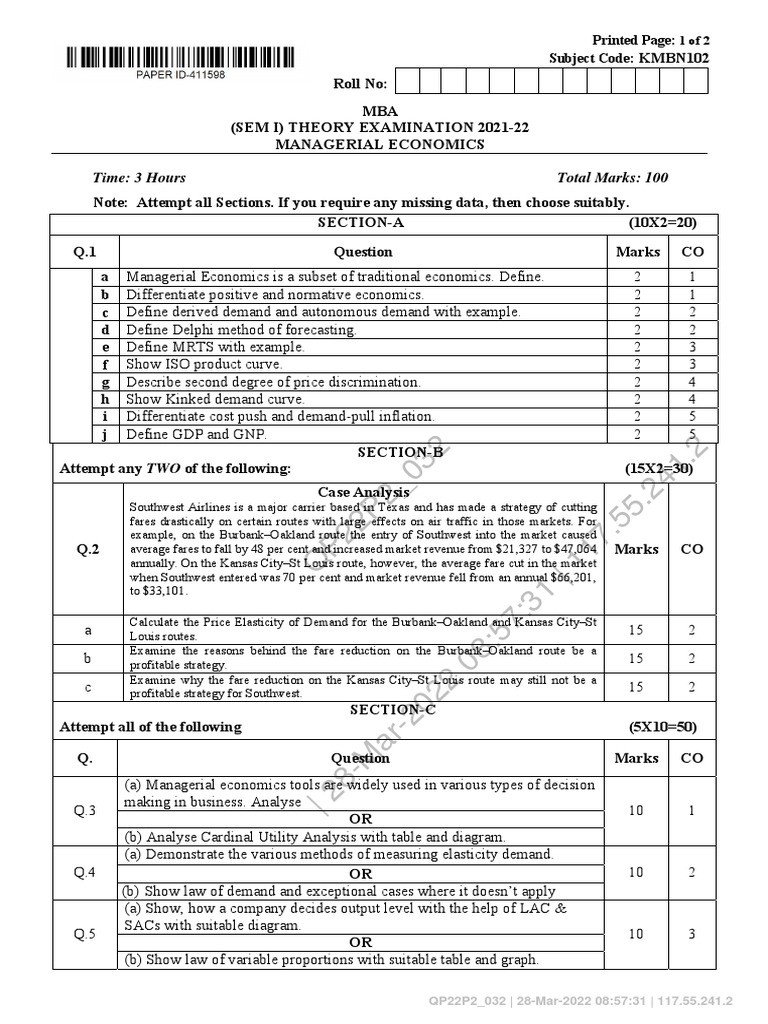 MBA Managerial Economics Exam Paper | PDF | Economics | Elasticity ...