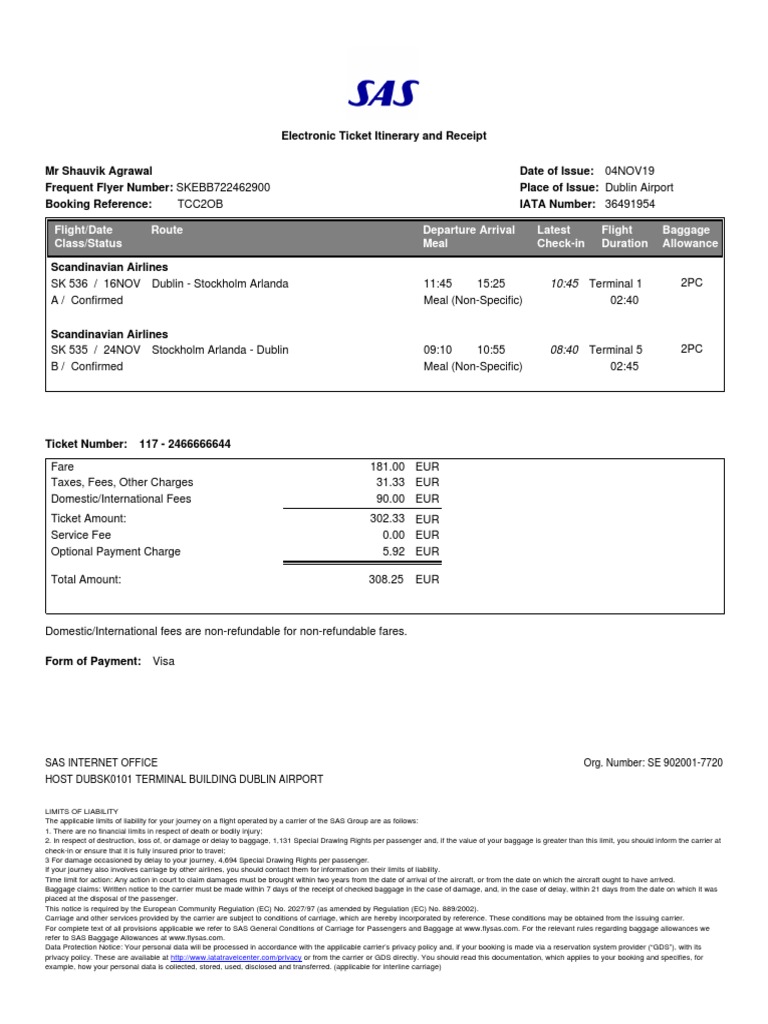 SAS Airline Receipt | PDF | Transport | Aviation