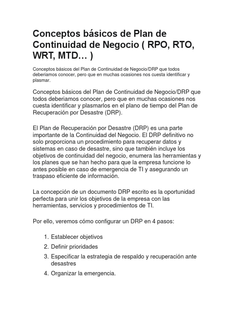 Conceptos Básicos de Plan de Continuidad de Negocio | PDF | Apoyo ...
