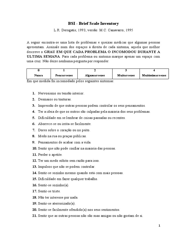 BSI - Brief Scale Inventory: 0 Nunca 1 Poucas Vezes 2 Algumas Vezes 3 ...