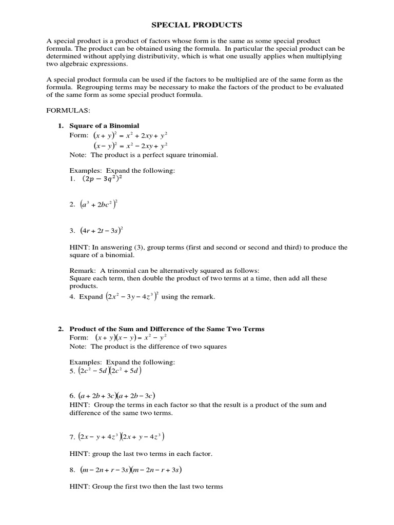 5 Special Products PDF Mathematical Concepts Mathematical Analysis