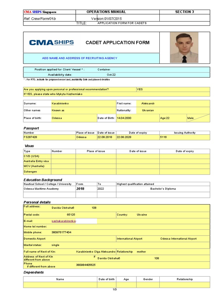 Application for Cadet Position on Container Vessel | PDF