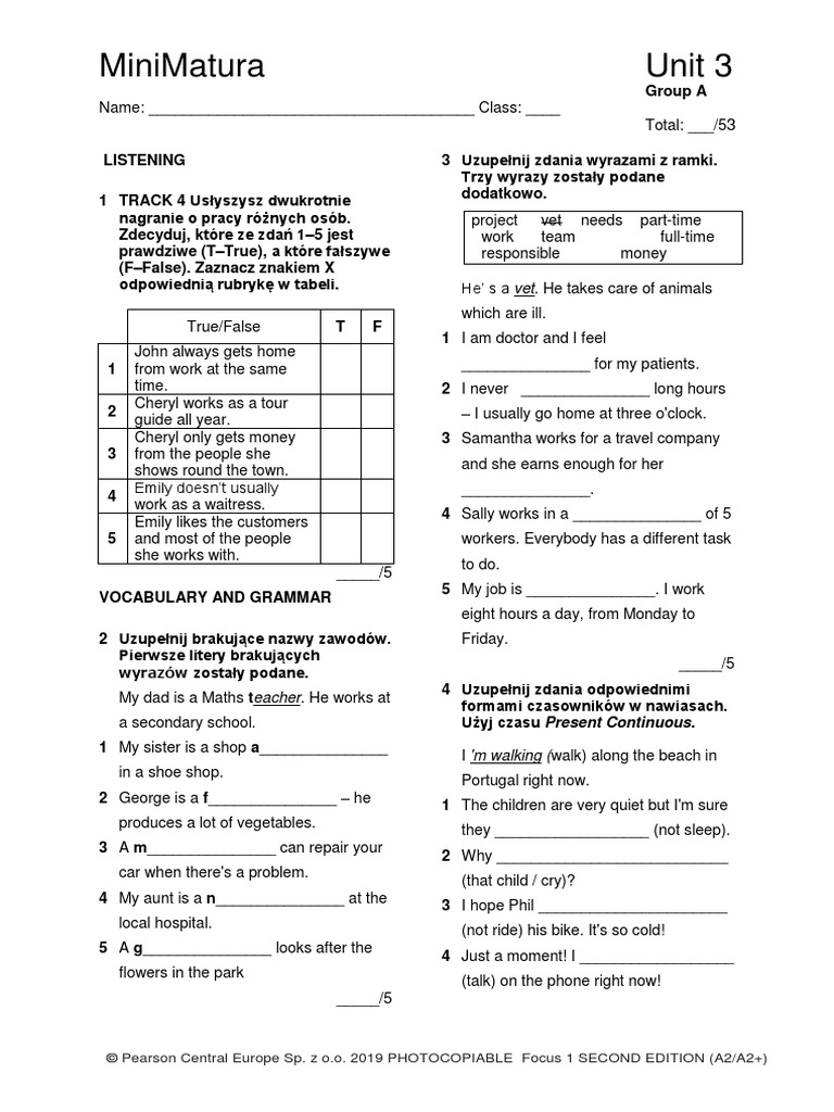 Focus1 2E MiniMatura Unit3 GroupA 2kol | PDF