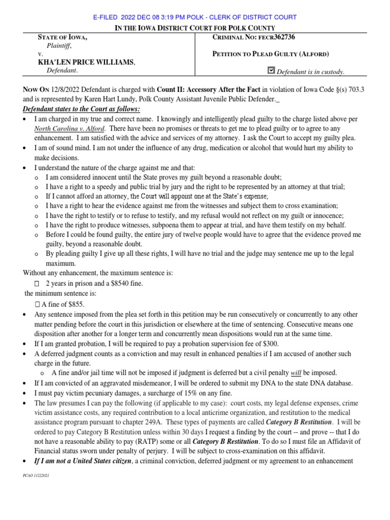 Kha'Len Williams Alford Plea PDF Plea Plea Bargain