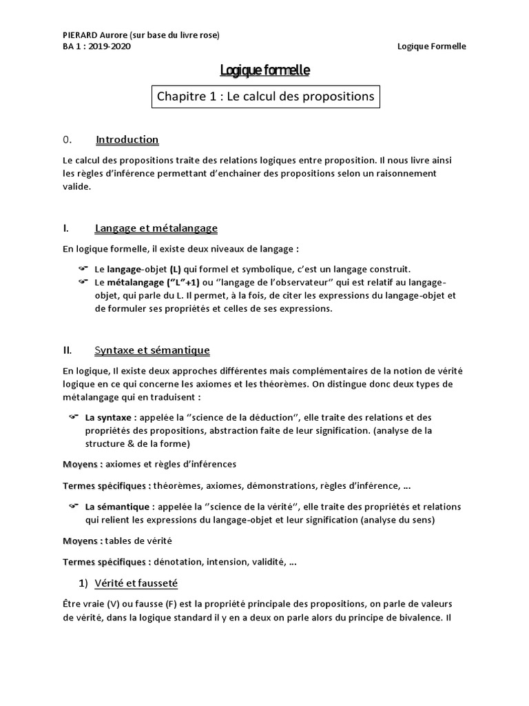 Synthese Logique Formelle BA1 PDF Logique Logique mathématique