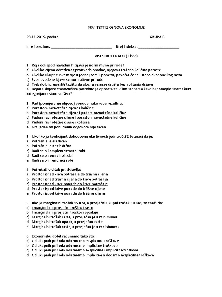 Prvi Test Iz Osnova Ekonomije Grupa A | PDF