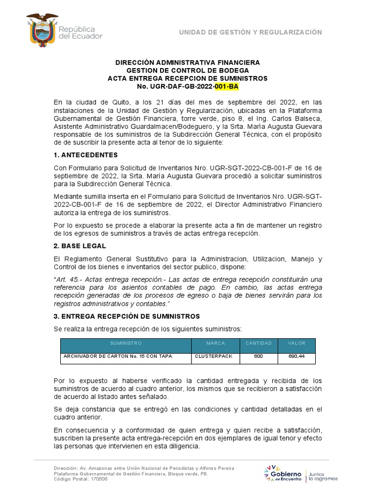Modelo Acta Entrega Recepcion Suministros Cajas | PDF
