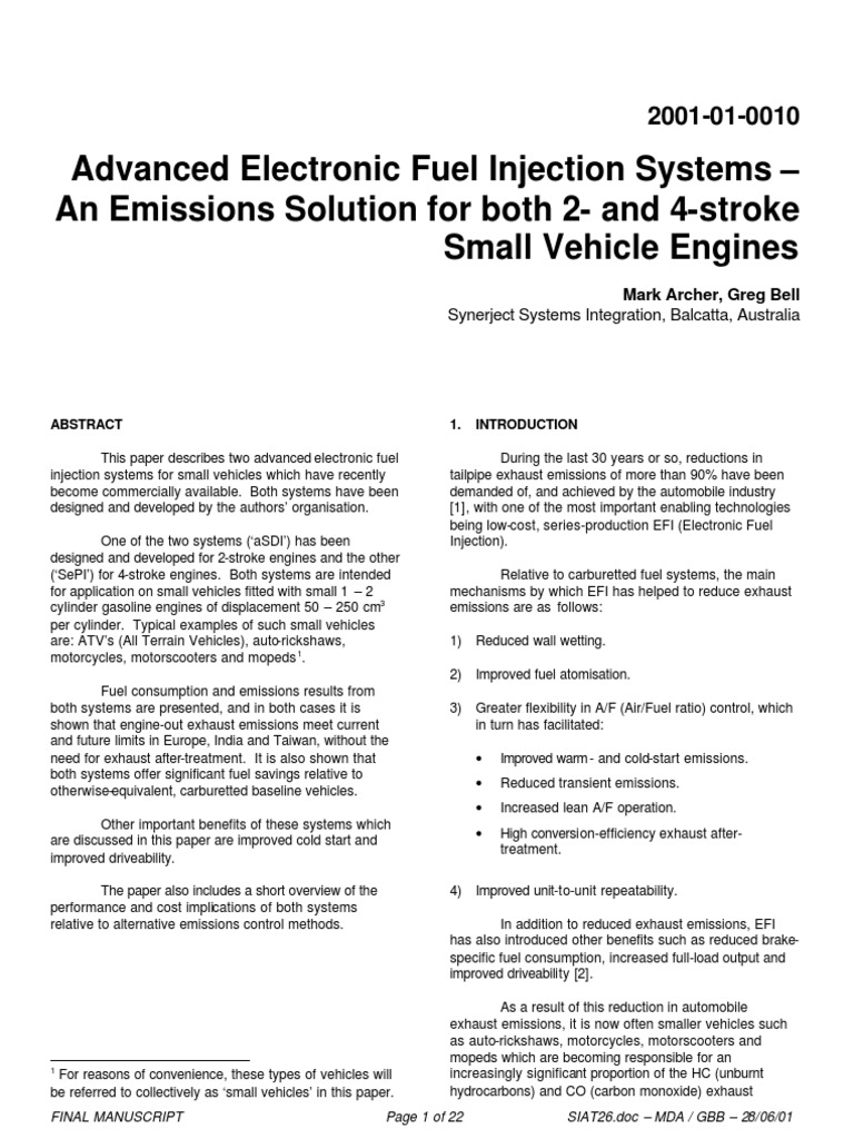 Advanced Electronic Fuel Injection Systems An Emissions Solution For