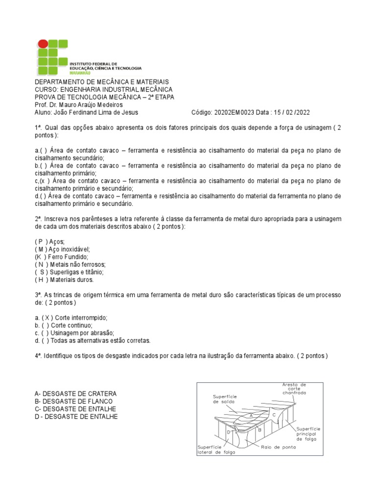 2a Prova de Tecnologia Mecanica Versão 2 | PDF