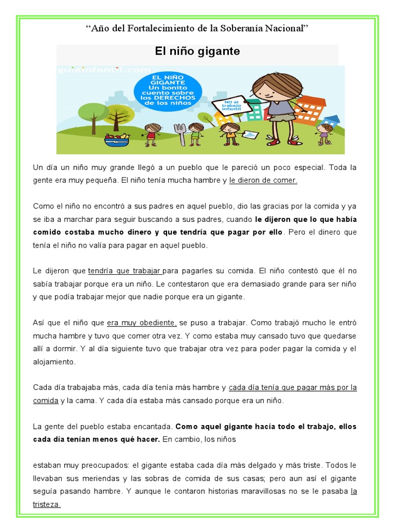 Actividad Comlemmos Un Cuento El Niño Gigante PDF Derechos de los