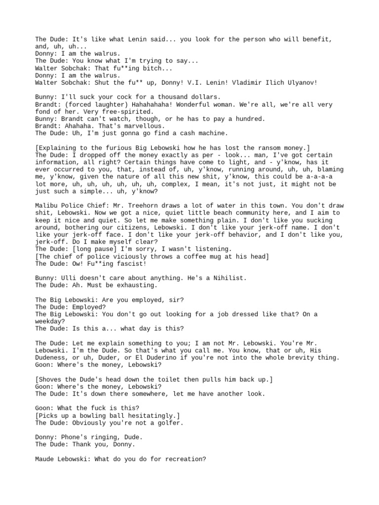 Iconic Quotes from The Big Lebowski | PDF | Mystery, Thriller & Crime ...