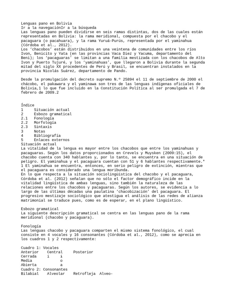 Lenguas Pano en Bolivia PDF Familias de idiomas Fonética