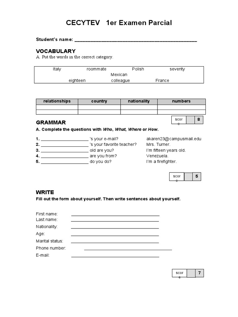 1er Examen Parcial Inglés I PDF