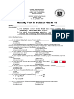 Monthly Test in Science Grade 10 December 12 - 2022