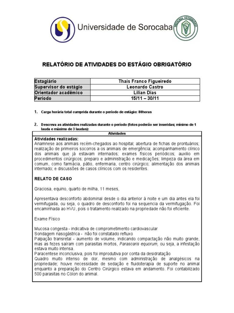 Relatório de Atividades do Estágio Obrigatório em Hospital Veterinário ...