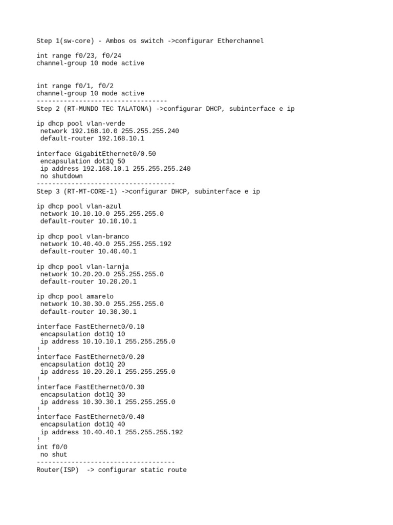 Configuration of VLANs, DHCP pools, trunk ports, and static routes for