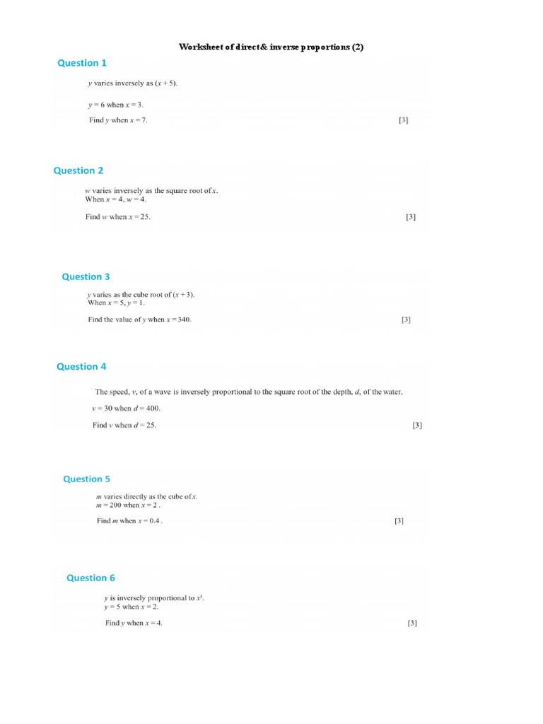 Direct & Inverse Proportions Worksheet | PDF