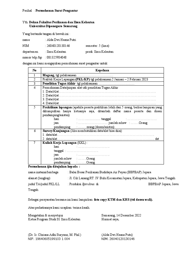 Form Surat Pengantar PKL Atau KP Penelitian FPIK | PDF