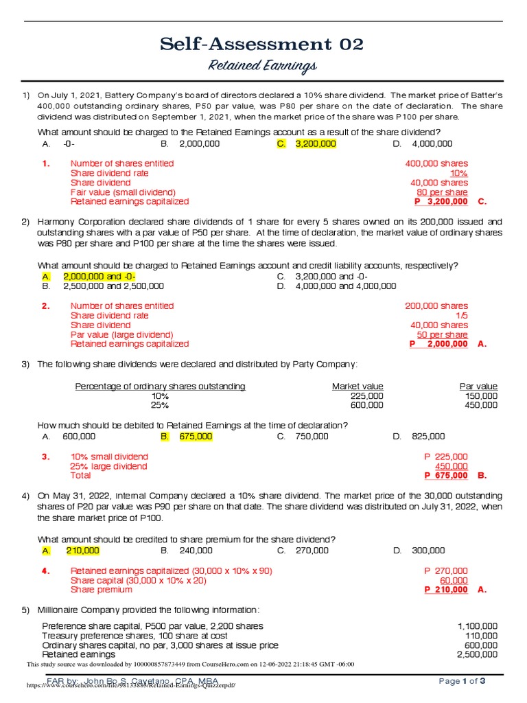 SelfAssessment 02 Retained Earnings quiz solutions PDF Dividend Retained Earnings