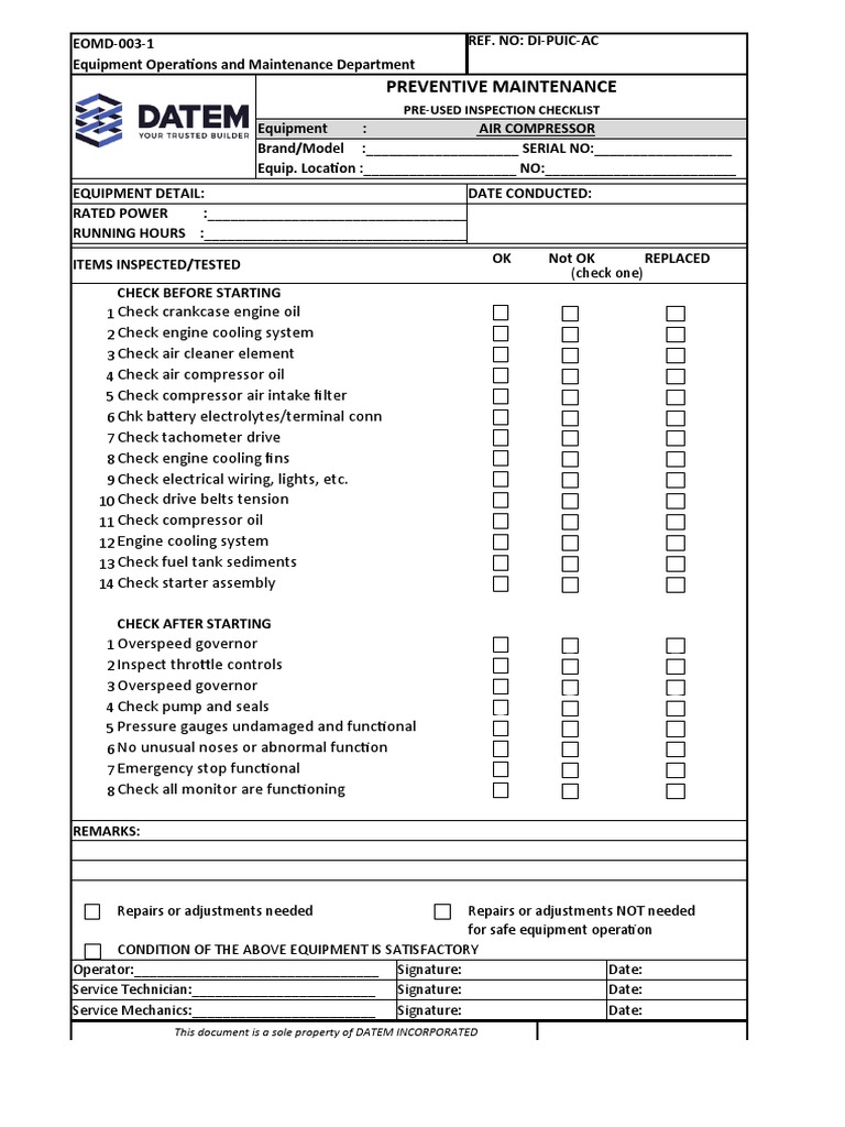 EMD0030 PreUsed Inspection Checklist For Equipments PDF Crane