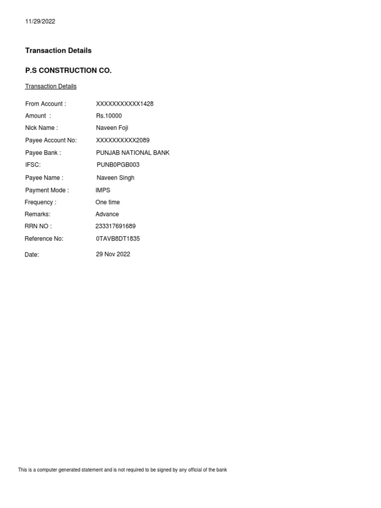 Construction Payment Transaction Details | PDF | Finance & Money Management