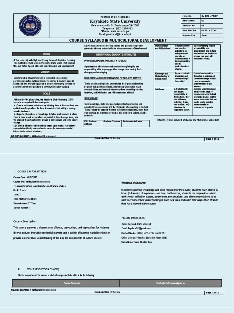 Ksu Course Syllabus Multicultural Development PDF Learning Self