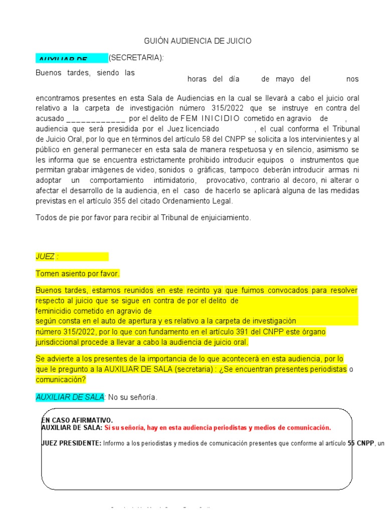 Guion de Audiencia de Juicio Oral Penal | PDF | Juez | Esfera pública