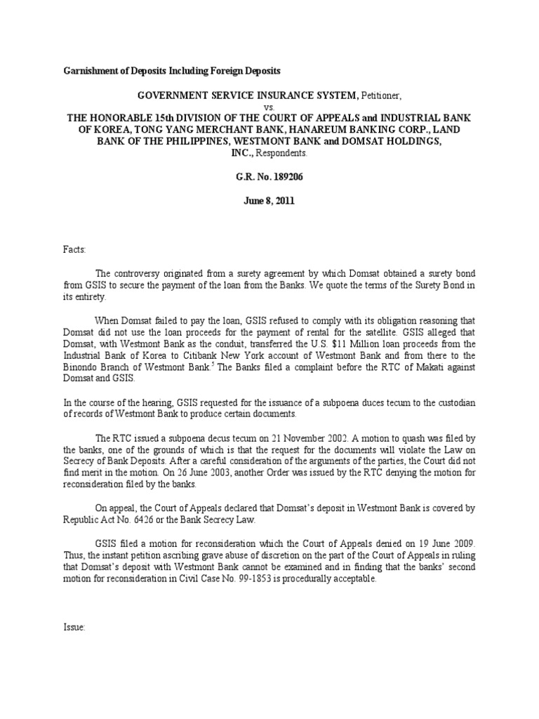 Application of Bank Secrecy Laws to Garnishment of Foreign Currency