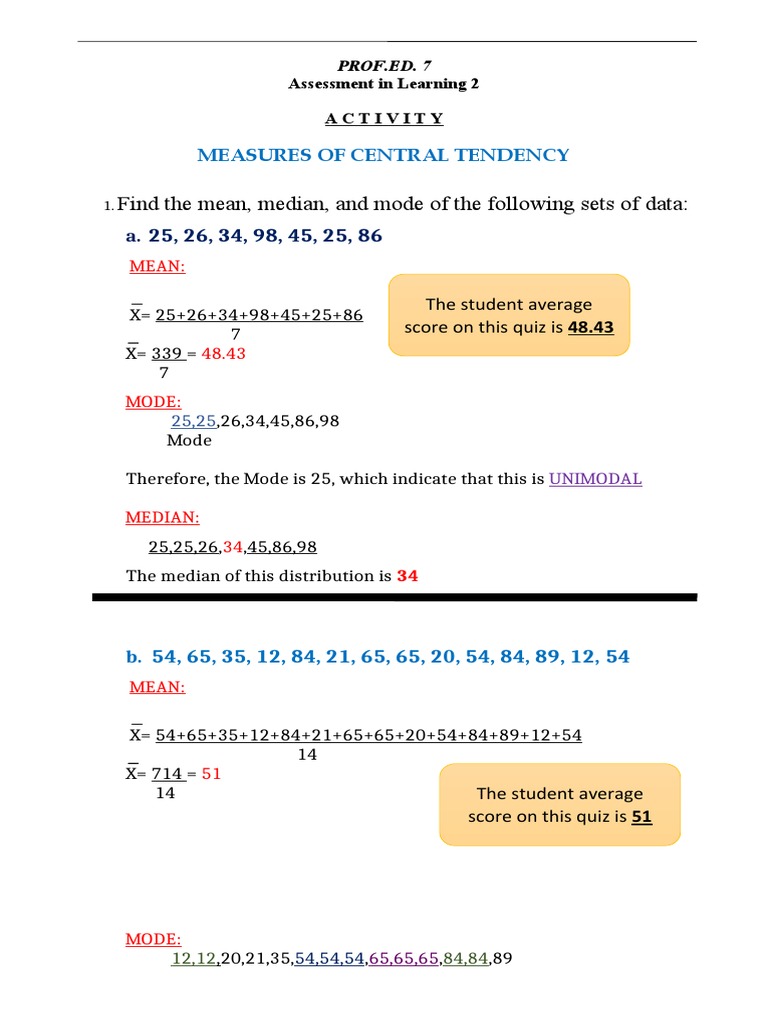 Activity 3 Measures of Central Tendency | PDF | Mode (Statistics) | Mean