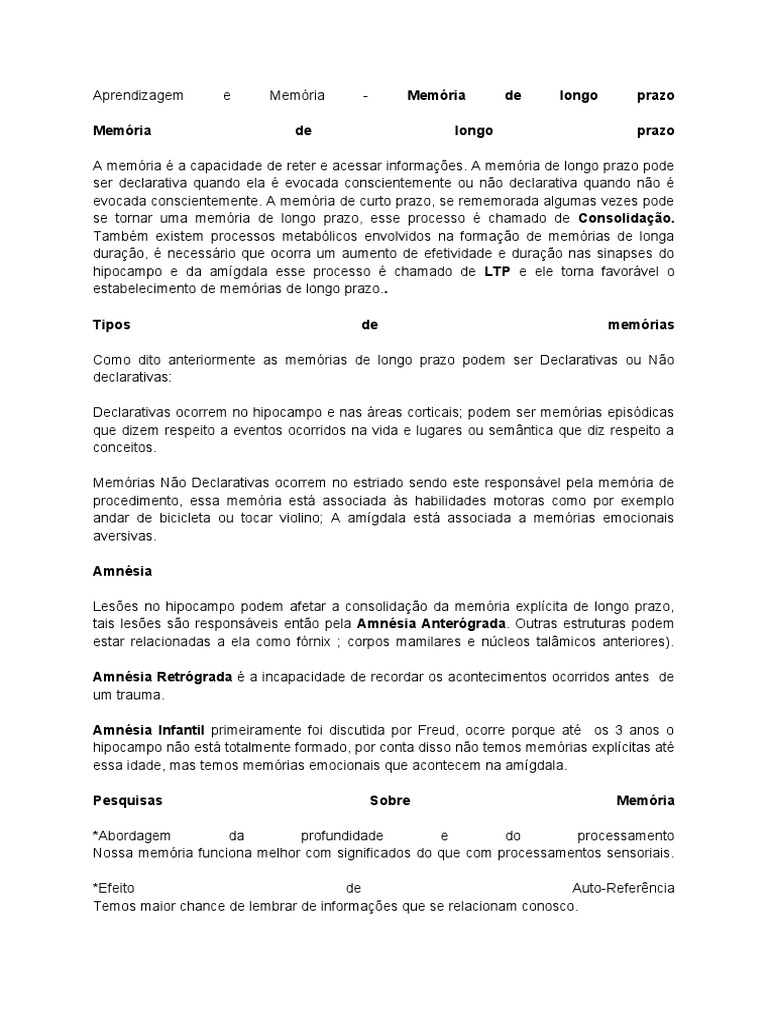 Memória e Seus Tipos e Processos | PDF | Memória | Memória de longo prazo, image size:768x1024