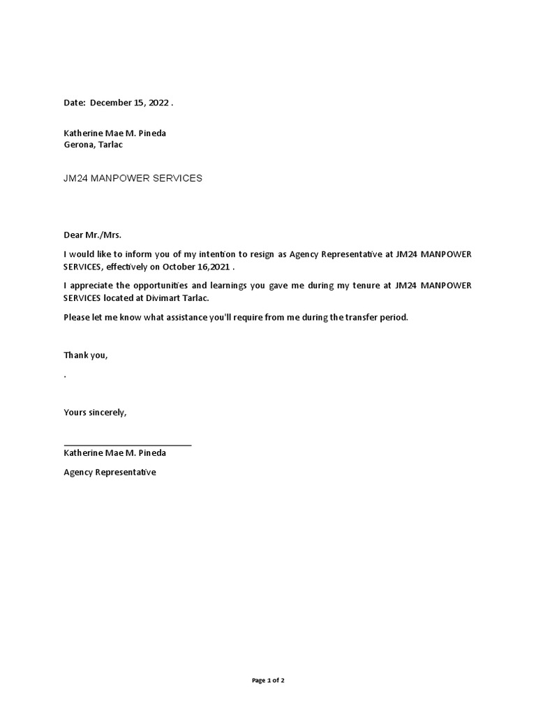 Resignation Letter - Katherine Pineda Ar | PDF