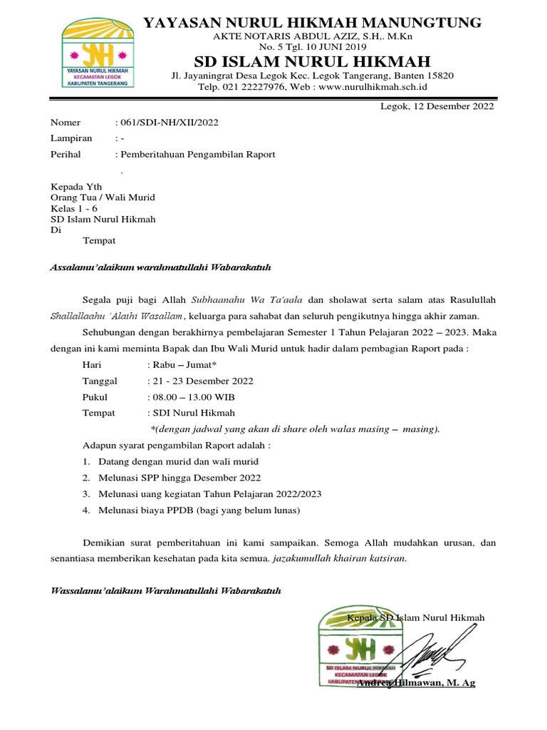 Surat Pengambilan Rapor Semester Ganjil 22:23 | PDF