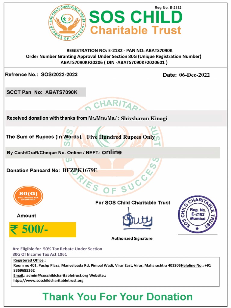 80G Certificate From Sos | PDF