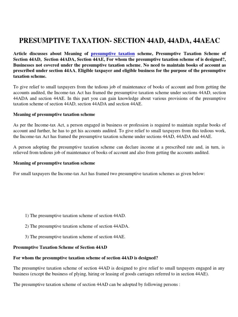 Presumptive Taxation: Sections 44AD, 44ADA, 44AE | PDF | Taxes | Tax ...