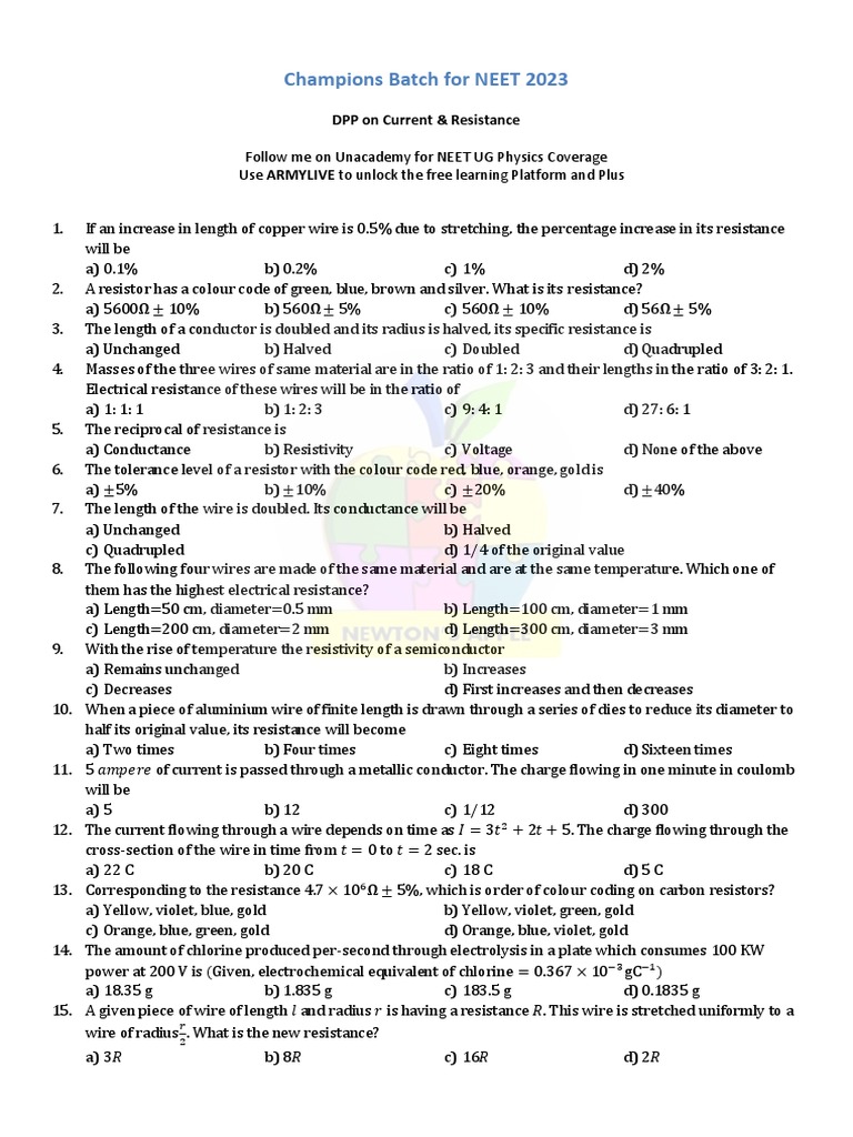 NEET 2023 Current Electricity DPP | PDF | Electrical Resistance And ...