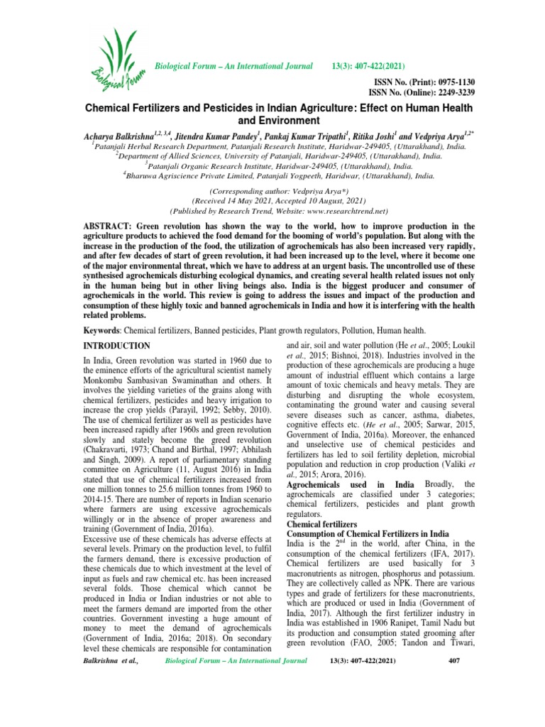 72 Chemical Fertilizers and Pesticides in Indian Agriculture Effect On