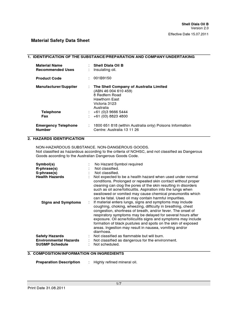 Shell Diala Oil B | PDF | Toxicity | Personal Protective Equipment