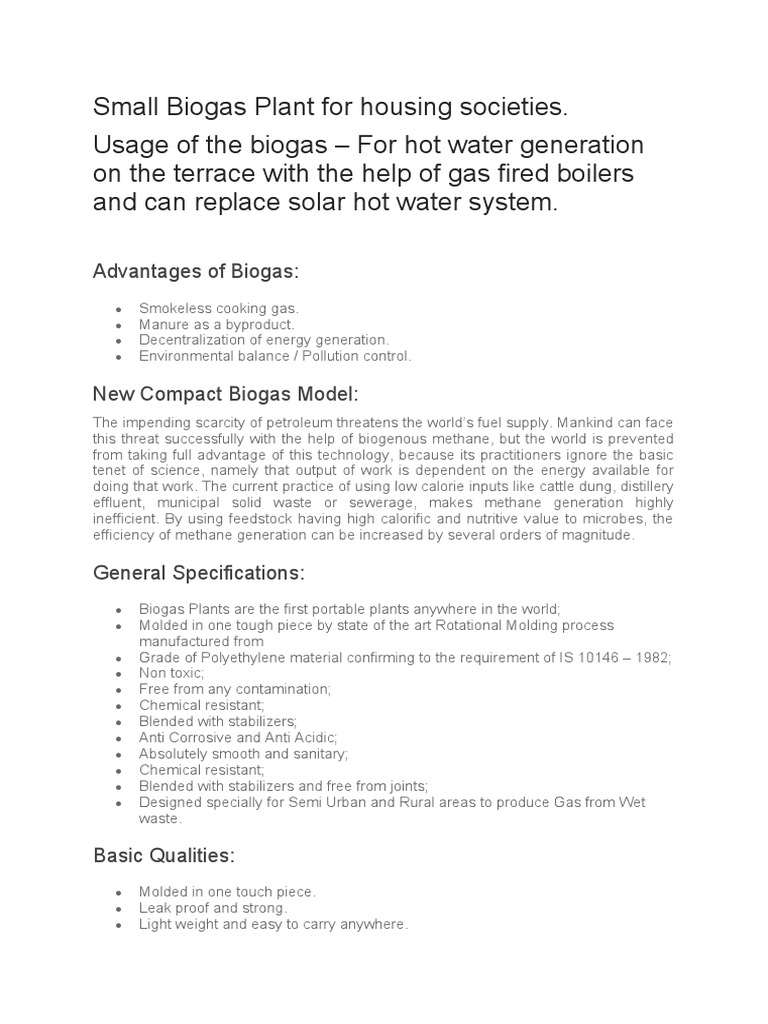 Small Biogas Plant For Housing Societies | PDF | Biogas | Sustainable ...
