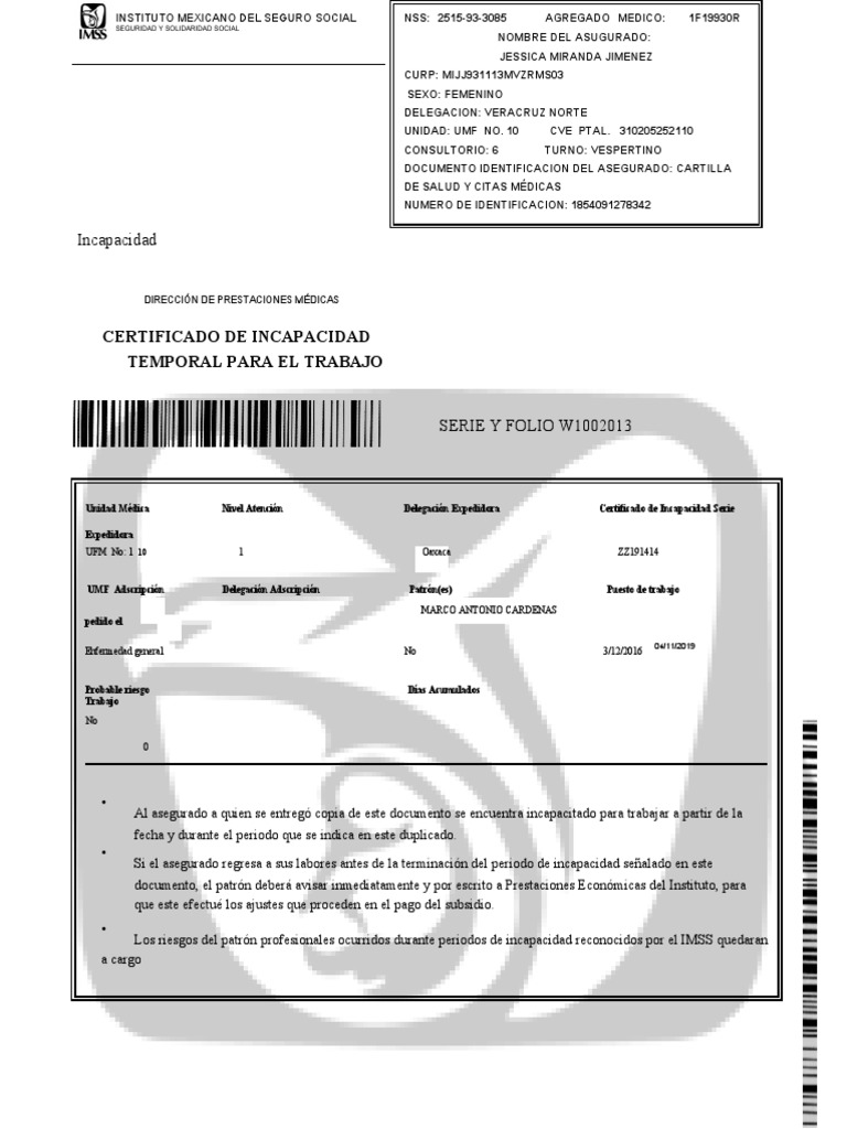 Certificado de Incapacidad IMSS 2024 | PDF | Ciencias de la Salud