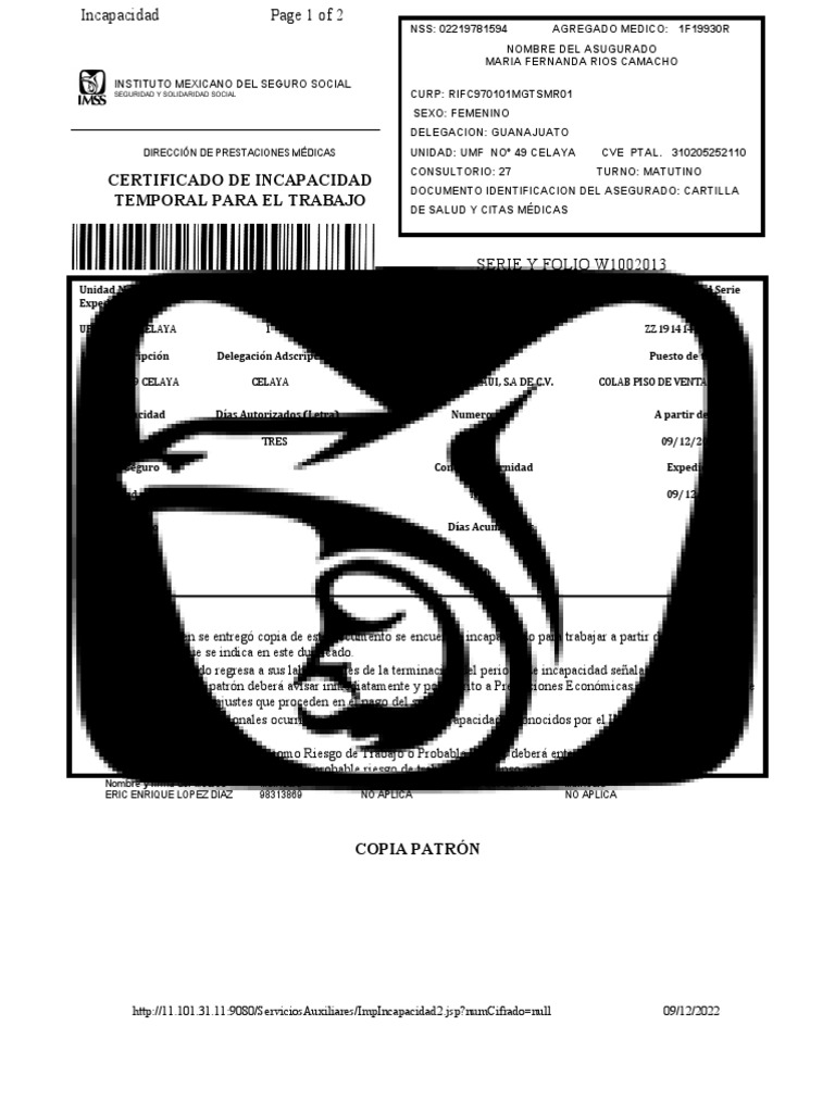 Certificado de Incapacidad IMSS 2022 | PDF | Ciencias de la Salud