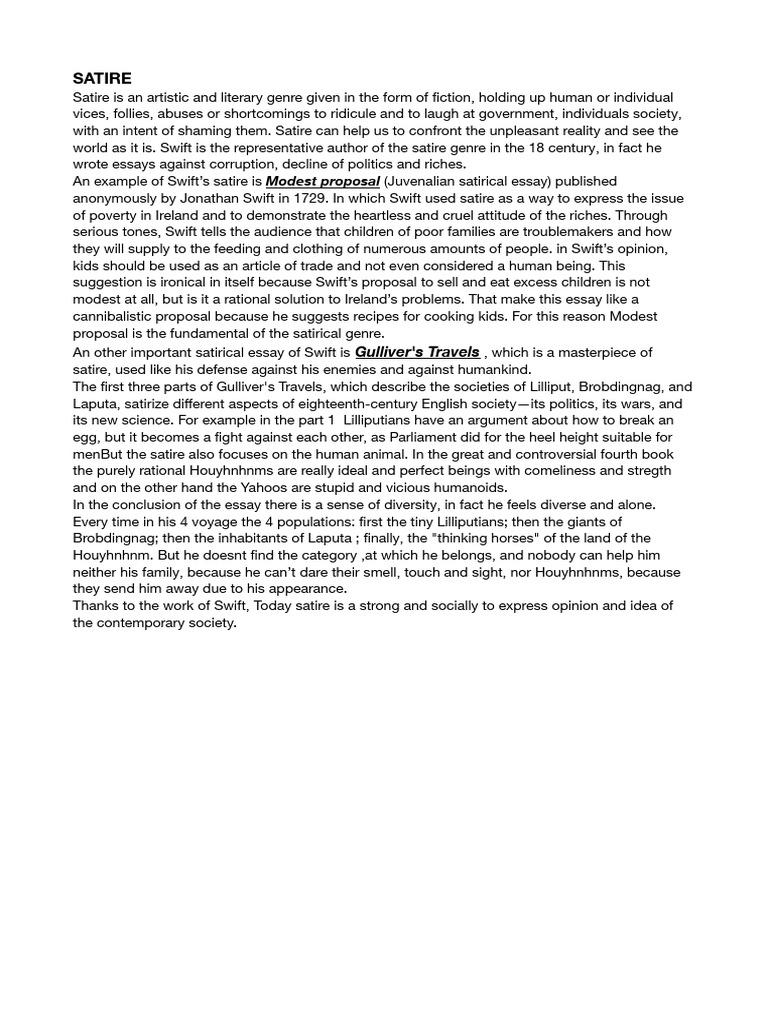 SATIRE in English PDF Satire Jonathan Swift